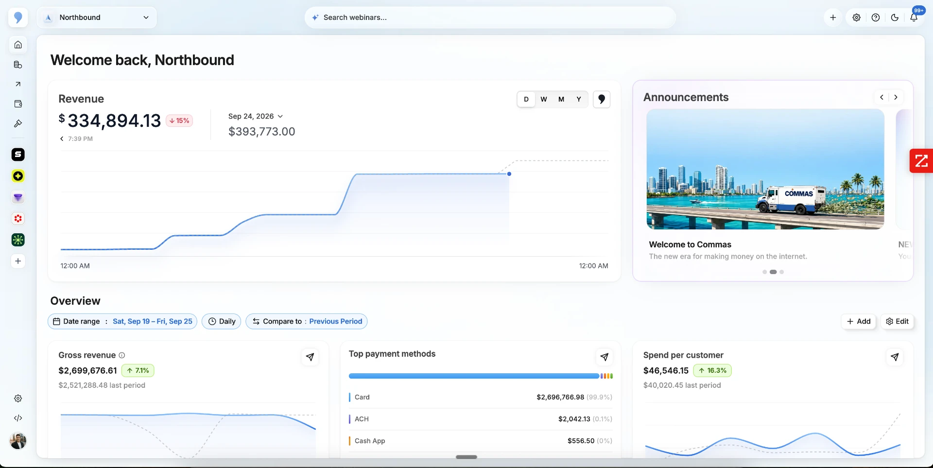 Commas revenue dashboard showing real-time payments and analytics